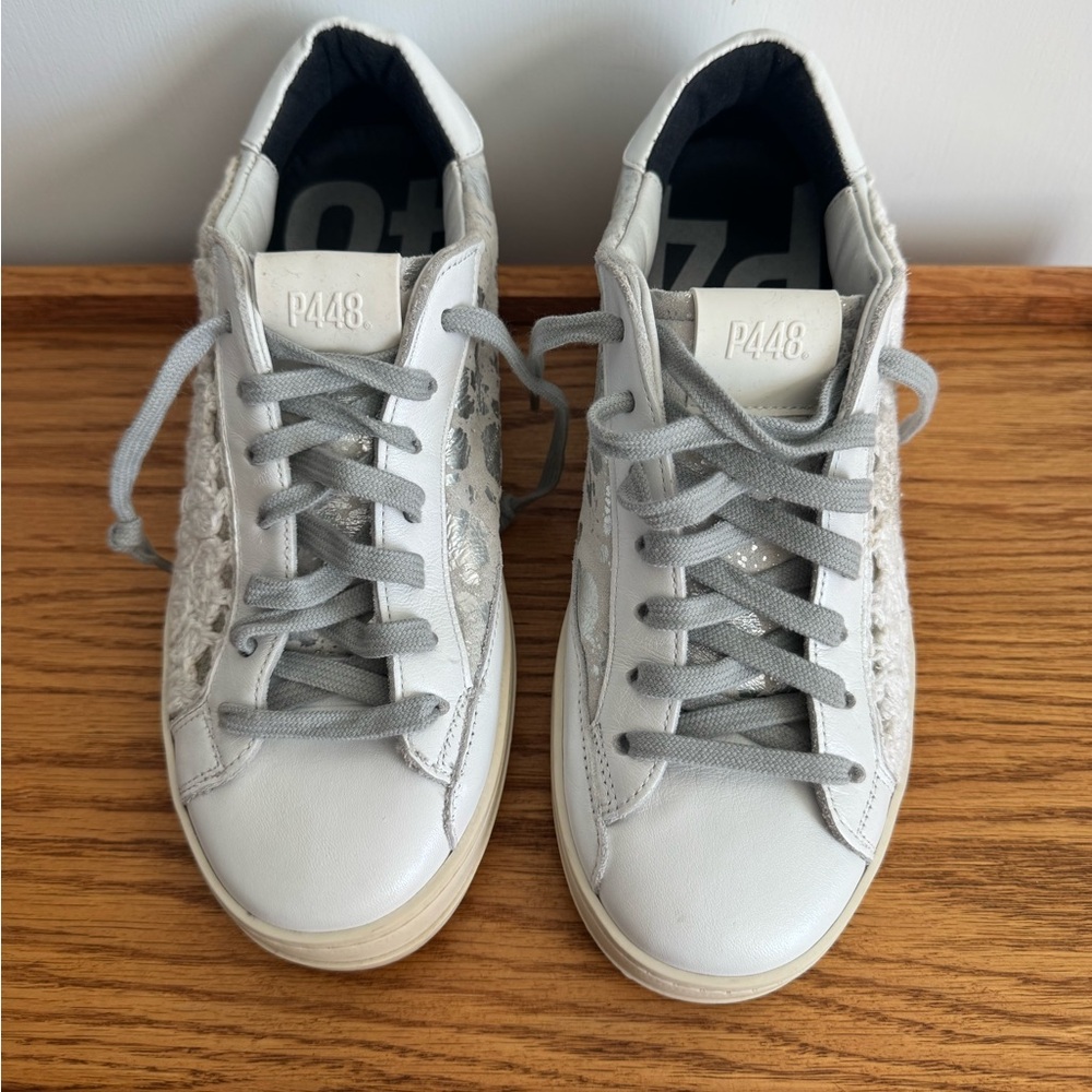 P448 White and Silver Sneakers with Lace and suede detail